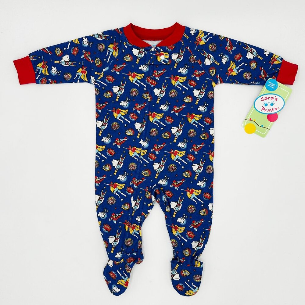 NWT Sara's Prints Footed Pajamas (Footie) Superheros Print Boys Size 6M